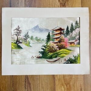Vintage mid-century Japanese silk needle point embroidery tapestry